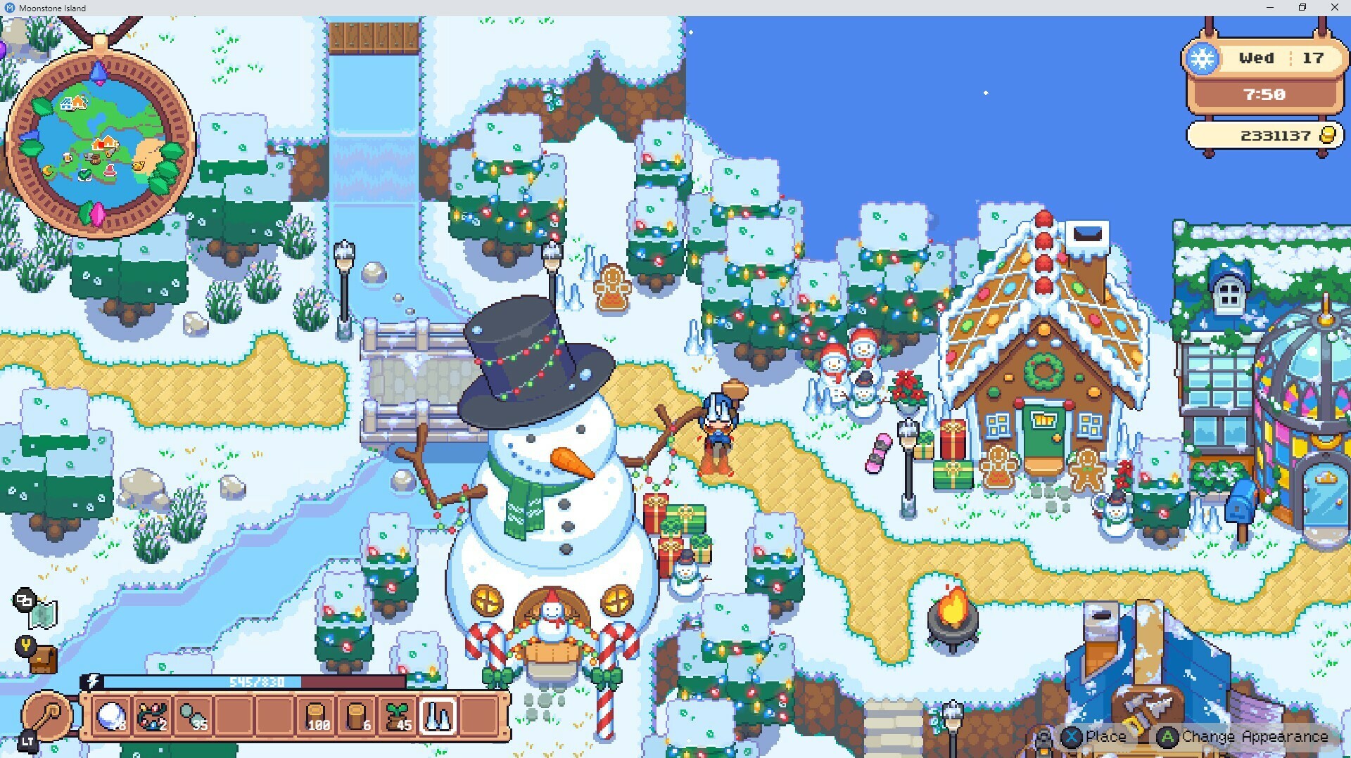 Moonstone Island mostra vila nevada com construções e personagens em pixel art — jogo anunciado para o Sora Stream